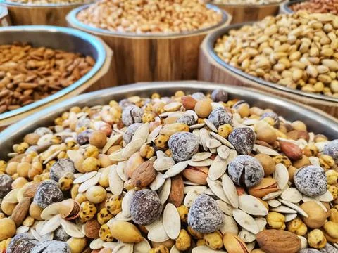 Mixed nuts. Nuts shop. Stock Photos