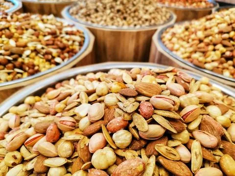 Mixed nuts. Nuts shop. Stock Photos