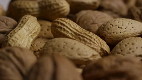 Mixed nuts in shell including peanuts almonds walnuts panning Video stock 327829649