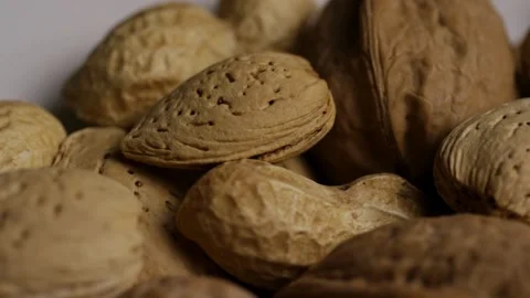 Mixed nuts in shells rotating including walnuts almonds peanuts Stock Footage 328143720