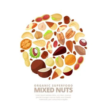 Mixed nuts vector circle label isolated on white background. Cartoon flat ill Stock Illustration