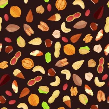 Mixed nuts vector seamless black pattern. Cartoon flat illustration. Textile Stock Illustration