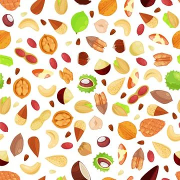 Mixed nuts vector seamless white pattern. Cartoon flat illustration. Textile Illustrazione stock