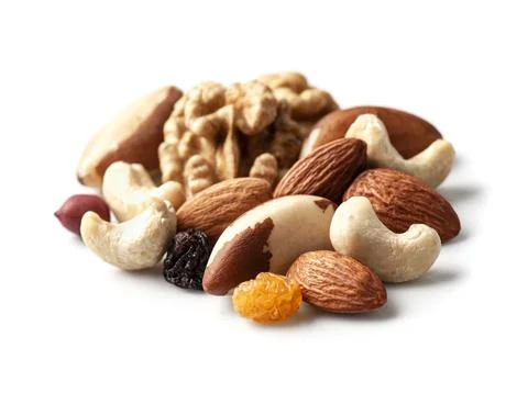 Mixed nuts on white backgrounds Foto stock