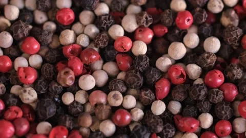 Mixed peppercorns rotation, heap of spice, mix of different peppers closeup Stock Footage 166387945