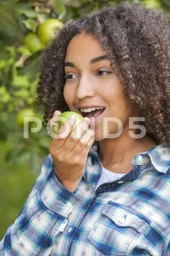 Mixed Race African American Girl Teenager Eating Apple Stock Photos