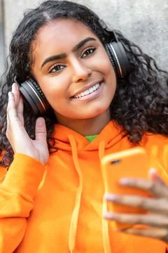 Mixed Race African American Girl Young Woman Teenager Wireless Headphones Cel Stock Photos