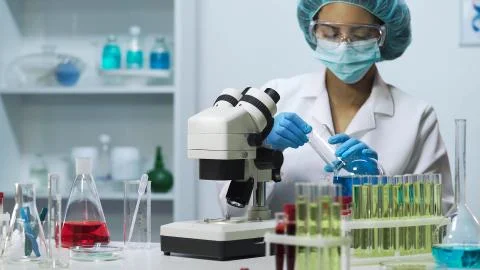 Mixed-race bacteriologist working in laboratory, doing medical test, research Stock Photos
