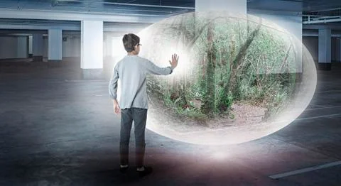 Mixed race boy with forest globe in parking lot Illustrazione stock