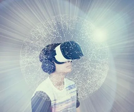 Mixed Race boy wearing virtual reality goggles in glowing sphere Illustrazione stock