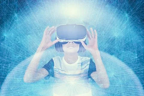 Mixed Race boy wearing VR goggles in cyberspace Stock Illustration