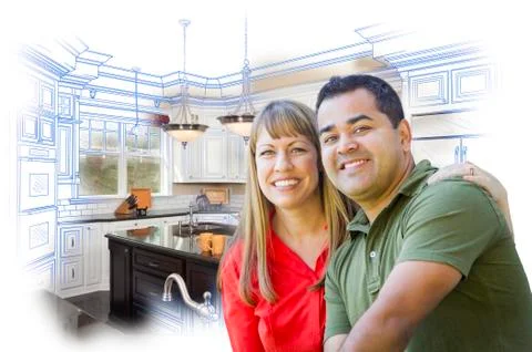 Mixed Race Couple Over Kitchen Design Drawing and Photo Ilustração Stock