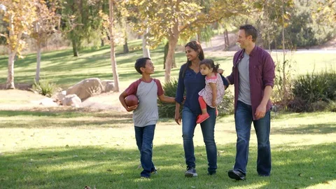 Mixed race family walking in a park, front view Stock Footage