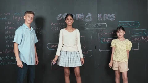 Mixed race student planning to code program by using blackboard. Edification Stock Footage 279594010