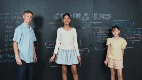Mixed race student planning to code program by using blackboard. Edification Stock Footage 280795134