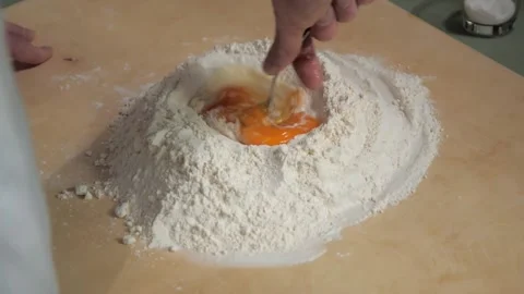 Mixed raw egg with flour Ingredients For Making Cookies, man Preparing Dessert Stock Footage 130390238