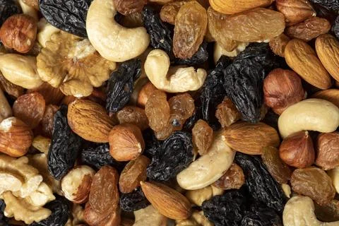 Mixed raw nuts. Special mixed nuts closeup food background. Top view. Mix haz Stock Photos