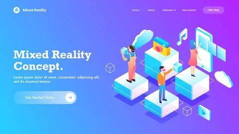Mixed reality concept, isometric design with smart device, people using VR .. Illustrazione stock