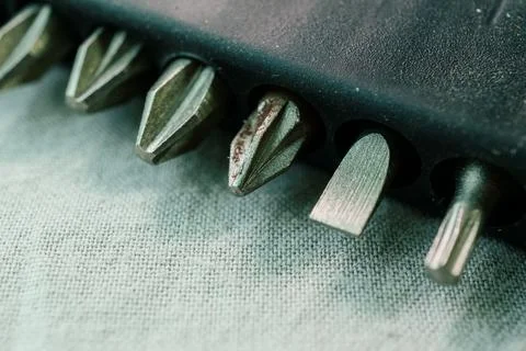 Mixed Screwdriver Bits Stored in a Black Holder Stock Photos