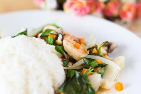 Mixed seafood basil with rice Stock Photos