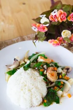 Mixed seafood basil with rice Stock Photos