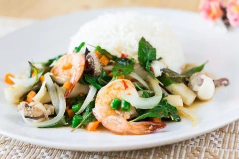 Mixed seafood basil with rice Stock Photos
