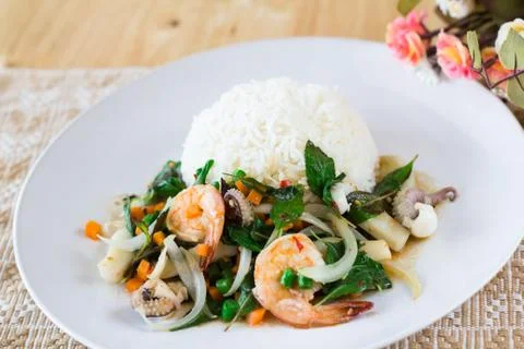 Mixed seafood basil with rice Stock Photos