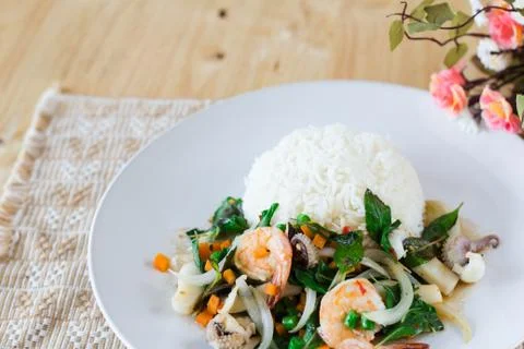 Mixed seafood basil with rice Stock Photos