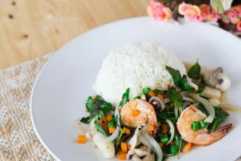 Mixed seafood basil with rice Stock Photos