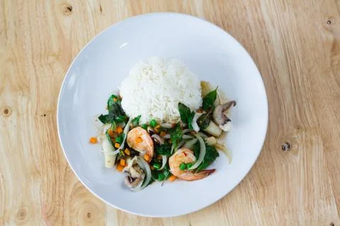 Mixed seafood basil with rice Stock Photos