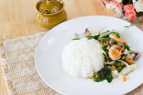 Mixed seafood basil with rice Stock Photos