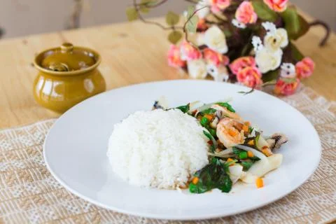 Mixed seafood basil with rice Stock Photos