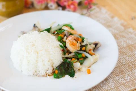Mixed seafood basil with rice Stock Photos