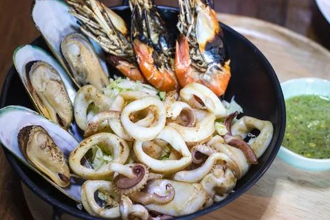 Mixed seafood in the dish. Stock-Fotos