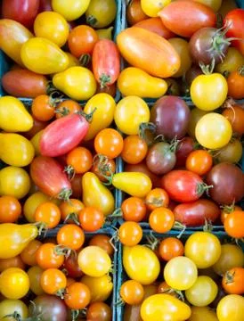 Mixed small tomatoes on display in boxes Stock Photos