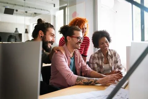 Mixed team of software engineers brainstorming ideas. Diverse app developers 스톡 사진