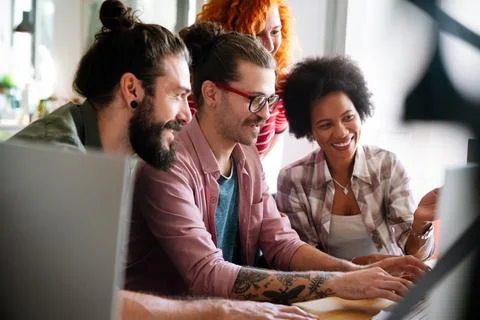 Mixed team of software engineers brainstorming ideas. Diverse app developers 스톡 사진