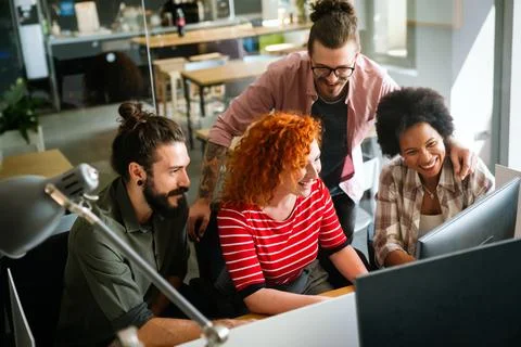 Mixed team of software engineers brainstorming ideas. Diverse app developers 스톡 사진