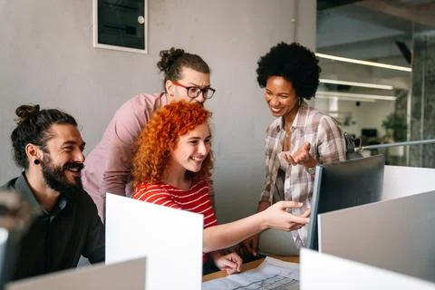 Mixed team of software engineers brainstorming ideas. Diverse app developers 스톡 사진