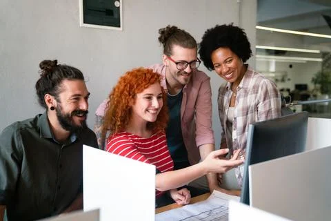 Mixed team of software engineers brainstorming ideas. Diverse app developers 스톡 사진