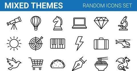 Mixed Themes Random Icons Set Outline Vector Illustration. Stock Illustration
