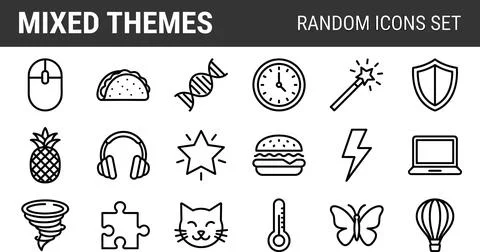 Mixed Themes Random Icons Set Outline Style. Stock Illustration