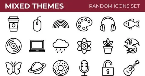 Mixed Themes Random Icons Set - Diverse Collection of Outline Symbols. Illustrazione stock
