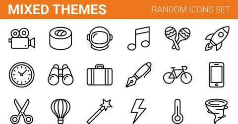 Mixed Themes Random Icons Set - Diverse Collection of Outline Symbols. Stock Illustration