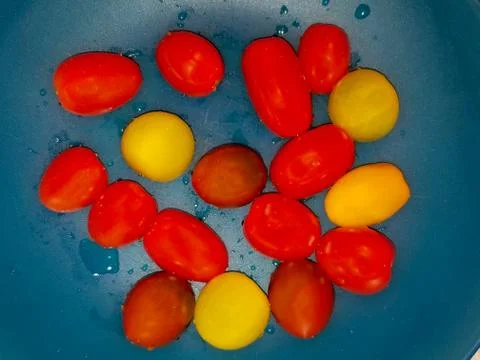 Mixed tomatoes on a blue background Stock Photos