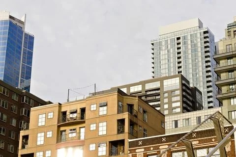 Mixed-use urban development with high-rise buildings and residential blocks Stock-Fotos