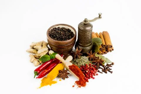 Mixed various spices on the white background Stock Photos