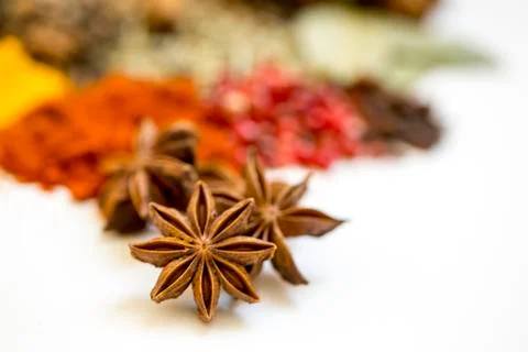 Mixed various spices on the white background Stock Photos