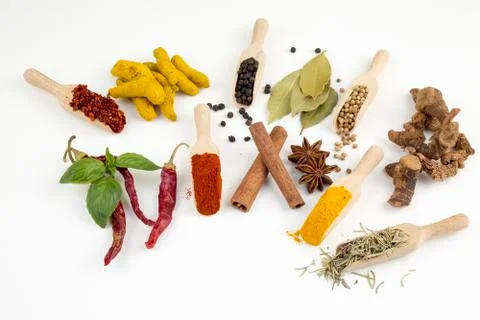 Mixed various spices on the white background Stock Photos