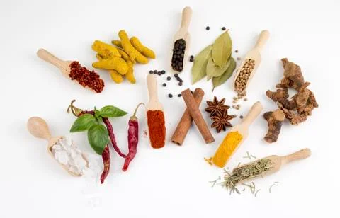 Mixed various spices on the white background Stock Photos